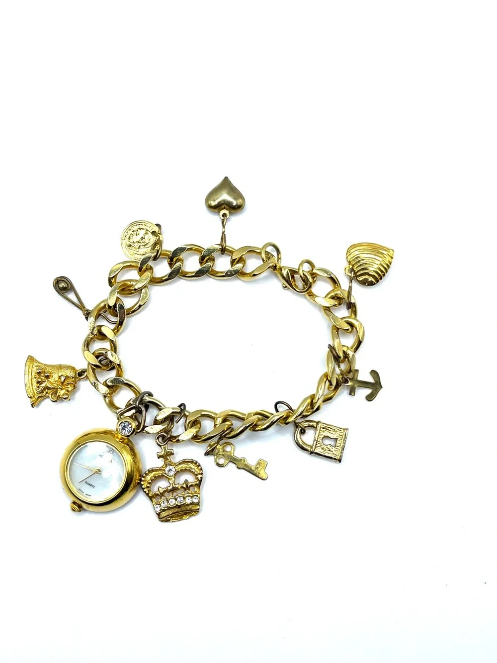 Gold Charm Bracelet Watch with Decorative Charms Crown Hearts Key  Charms